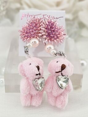 Betsey Johnson Earrings Spikey Heart Plush Teddy Bear Crystal Drop Earrings